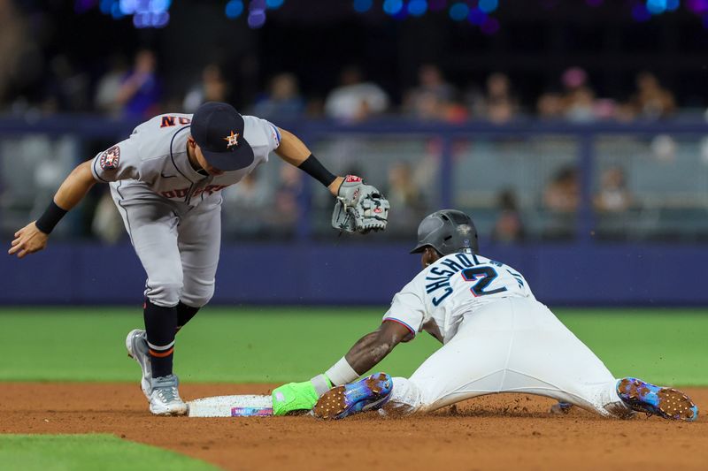 Aug 15, 2023; Miami, Florida, USA; Miami Marlins center fielder Jazz Chisholm Jr. (2) steals second base against Houston Astros second baseman Mauricio Dubon (14) during the fourth inning at loanDepot Park. Mandatory Credit: Sam Navarro-USA TODAY Sports