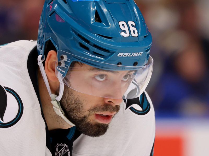 Mar 4, 2025; Buffalo, New York, USA;  San Jose Sharks defenseman Jake Walman (96) waits for the face-off during the second period against the Buffalo Sabres at KeyBank Center. Mandatory Credit: Timothy T. Ludwig-Imagn Images