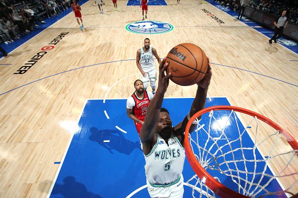 MINNEAPOLIS, MN -  NOVEMBER 8: Anthony Edwards #5 of the Minnesota Timberwolves dunks the ball during the game against the New Orleans Pelicans on November 8, 2023 at Target Center in Minneapolis, Minnesota. NOTE TO USER: User expressly acknowledges and agrees that, by downloading and or using this Photograph, user is consenting to the terms and conditions of the Getty Images License Agreement. Mandatory Copyright Notice: Copyright 2023 NBAE (Photo by Jordan Johnson/NBAE via Getty Images)