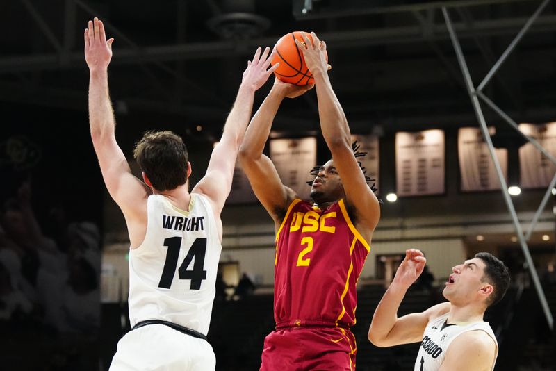 Feb 23, 2023; Boulder, Colorado, USA; USC Trojans guard Reese Dixon-Waters (2) shoots the ball over Colorado Buffaloes guard Ethan Wright (14) in the second half at the CU Events Center. Mandatory Credit: Ron Chenoy-USA TODAY Sports