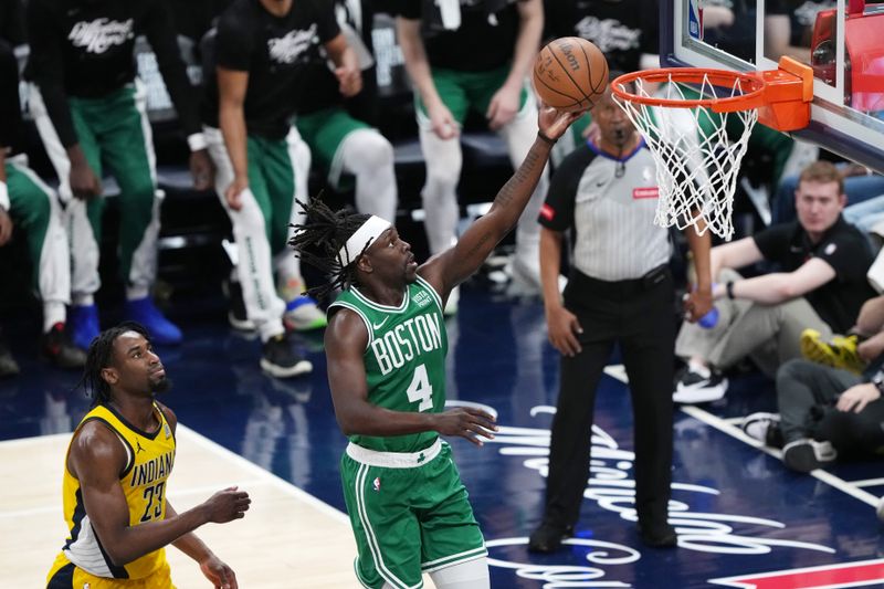 INDIANAPOLIS, INDIANA - MAY 27: Jrue Holiday #4 of the Boston Celtics drives to the basket during the second quarter in Game Four of the Eastern Conference Finals at Gainbridge Fieldhouse on May 27, 2024 in Indianapolis, Indiana. NOTE TO USER: User expressly acknowledges and agrees that, by downloading and or using this photograph, User is consenting to the terms and conditions of the Getty Images License Agreement. (Photo by Dylan Buell/Getty Images)
