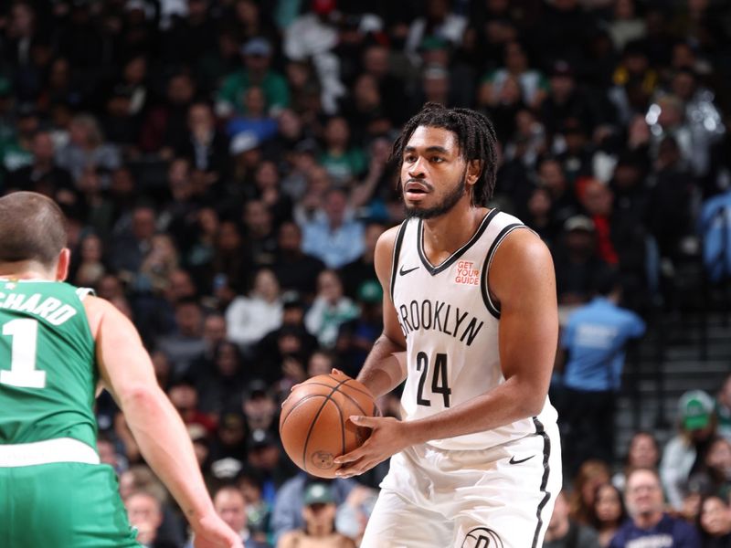 BROOKLYN, NY - NOVEMBER 13: Cam Thomas #24 of the Brooklyn Nets looks to pass the ball during the game against the Boston Celtics on November 13, 2024 at Barclays Center in Brooklyn, New York. NOTE TO USER: User expressly acknowledges and agrees that, by downloading and or using this Photograph, user is consenting to the terms and conditions of the Getty Images License Agreement. Mandatory Copyright Notice: Copyright 2024 NBAE (Photo by Jeff Haynes/NBAE via Getty Images)