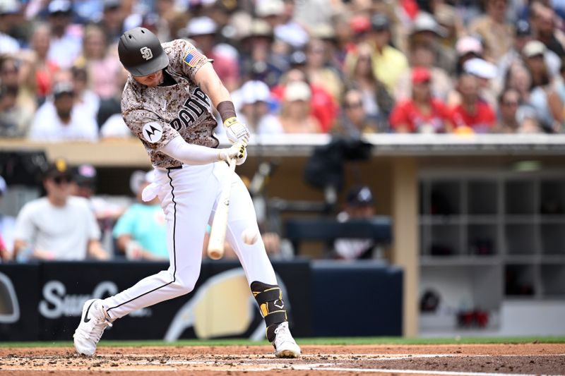 Jul 14, 2024; San Diego, California, USA; San Diego Padres right fielder Bryce Johnson (27) flies out during the second inning against the Atlanta Braves at Petco Park. Mandatory Credit: Orlando Ramirez-USA TODAY Sports