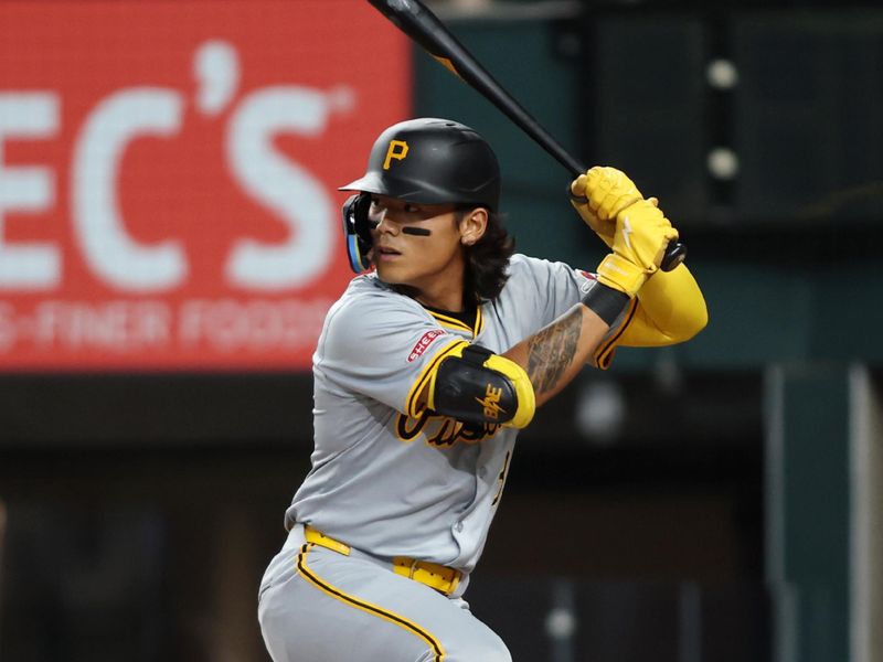 Aug 19, 2024; Arlington, Texas, USA; Pittsburgh Pirates center fielder Ji Hwan Bae (3) bats in the third inning against the Texas Rangers at Globe Life Field. Mandatory Credit: Tim Heitman-USA TODAY Sports