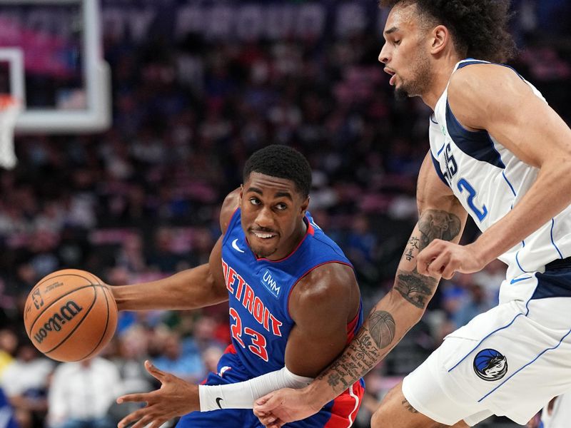 DALLAS, TX - OCTOBER 20: Jaden Ivey #23 of the Detroit Pistons dribbles the ball during the game against the Dallas Mavericks on October 20, 2023 at the American Airlines Center in Dallas, Texas. NOTE TO USER: User expressly acknowledges and agrees that, by downloading and or using this photograph, User is consenting to the terms and conditions of the Getty Images License Agreement. Mandatory Copyright Notice: Copyright 2023 NBAE (Photo by Glenn James/NBAE via Getty Images)