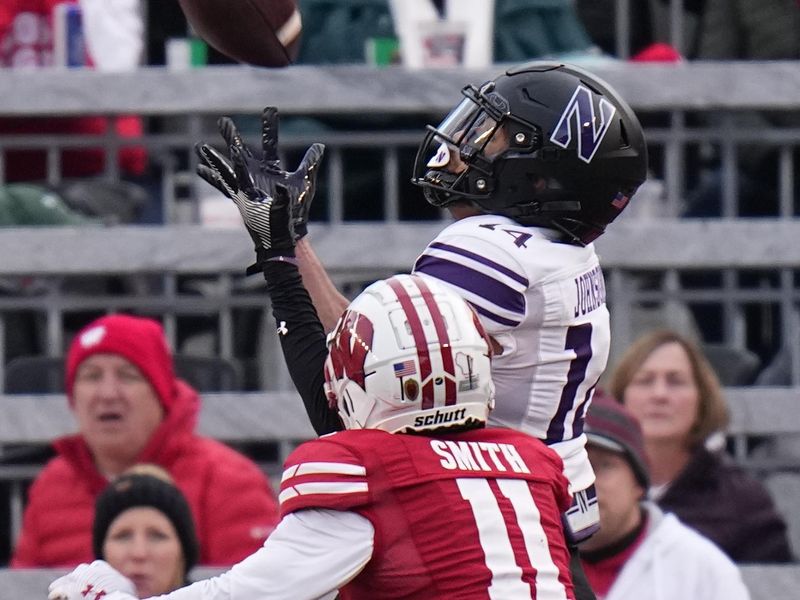 Nov 11, 2023; Madison, Wisconsin, USA; Northwestern Wildcats wide receiver Cam Johnson (14) catches a touchdown pass against Wisconsin Badgers cornerback Alexander Smith (11) during the second quarter at Camp Randall Stadium. Mandatory Credit: Mark Hoffman-USA TODAY Sports