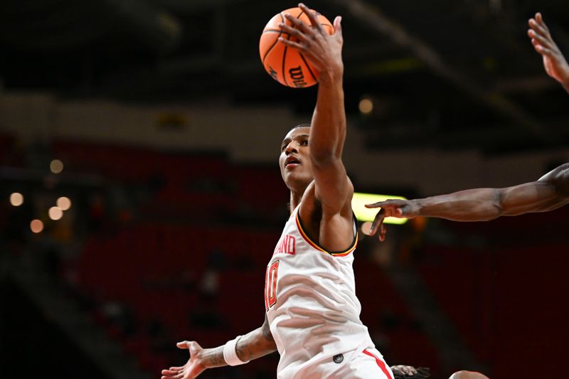 Feb 6, 2024; College Park, Maryland, USA; Maryland Terrapins forward Julian Reese (10) pull s down  rebounds during the first half against the Rutgers Scarlet Knights  at Xfinity Center. Mandatory Credit: Tommy Gilligan-USA TODAY Sports