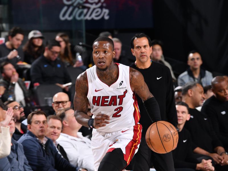 INGLEWOOD, CA - JANUARY 13:  Terry Rozier #2 of the Miami Heat dribbles the ball during the game against the LA Clippers on January 13, 2025 at Intuit Dome in Los Angeles, California. NOTE TO USER: User expressly acknowledges and agrees that, by downloading and/or using this Photograph, user is consenting to the terms and conditions of the Getty Images License Agreement. Mandatory Copyright Notice: Copyright 2025 NBAE (Photo by Juan Ocampo/NBAE via Getty Images)