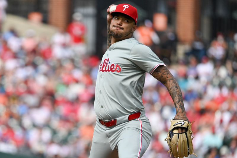 Jun 15, 2024; Baltimore, Maryland, USA;  Philadelphia Phillies pitcher Taijuan Walker (99) throws  third inning pitch against the Baltimore Orioles at Oriole Park at Camden Yards. Mandatory Credit: Tommy Gilligan-USA TODAY Sports