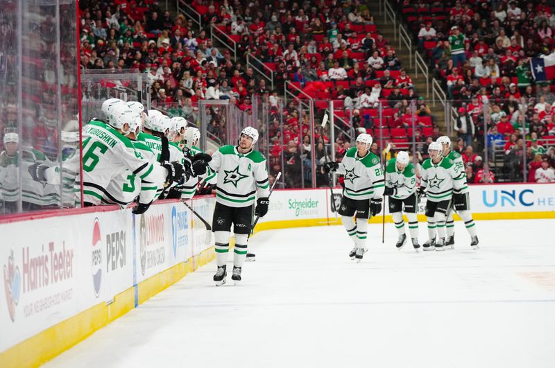 Nov 25, 2024; Raleigh, North Carolina, USA;  Dallas Stars defenseman Miro Heiskanen (4) celebrates his goal against the Carolina Hurricanes during the third period at Lenovo Center. Mandatory Credit: James Guillory-Imagn Images