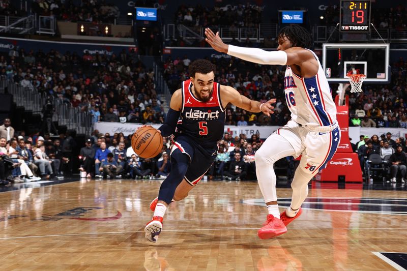 WASHINGTON, DC -? FEBRUARY 10: Tyus Jones #5 of the Washington Wizards dribbles the ball during the game against the Philadelphia 76ers on February 10, 2024 at Capital One Arena in Washington, DC. NOTE TO USER: User expressly acknowledges and agrees that, by downloading and or using this Photograph, user is consenting to the terms and conditions of the Getty Images License Agreement. Mandatory Copyright Notice: Copyright 2024 NBAE (Photo by Kenny Giarla/NBAE via Getty Images)