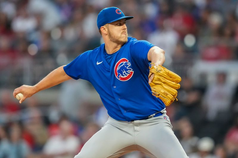 Sep 27, 2023; Cumberland, Georgia, USA; Chicago Cubs starting pitcher Jameson Taillon (50) pitches against the Atlanta Braves during the first inning at Truist Park. Mandatory Credit: Dale Zanine-USA TODAY Sports