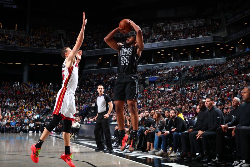 BROOKLYN, NY - JANUARY 15: Cam Thomas #24 of the Brooklyn Nets shoots the ball during the game against the Miami Heat on January 15, 2024 at Barclays Center in Brooklyn, New York. NOTE TO USER: User expressly acknowledges and agrees that, by downloading and or using this Photograph, user is consenting to the terms and conditions of the Getty Images License Agreement. Mandatory Copyright Notice: Copyright 2024 NBAE (Photo by David Nemec/NBAE via Getty Images)