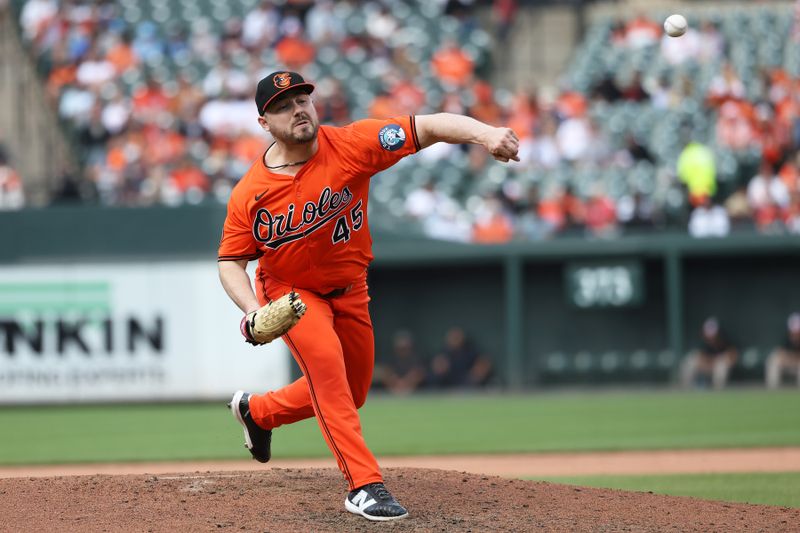 May 31, 2025; Baltimore, Maryland, USA; Baltimore Orioles pitcher Keegan Akin (45) throws during the seventh inning against the Chicago White Sox at Oriole Park at Camden Yards. Mandatory Credit: Daniel Kucin Jr.-Imagn Images