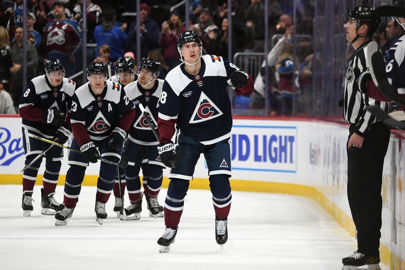 Jan 31, 2025; Denver, Colorado, USA; Colorado Avalanche center Martin Necas (88) celebrates after a goal during the first period against the St. Louis Blues at Ball Arena. Mandatory Credit: Christopher Hanewinckel-Imagn Images