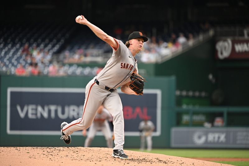 Aug 6, 2024; Washington, District of Columbia, USA; San Francisco Giants starting pitcher Hayden Birdsong (60) throws a pitch against the Washington Nationals during the first inning at Nationals Park. Mandatory Credit: Rafael Suanes-USA TODAY Sports