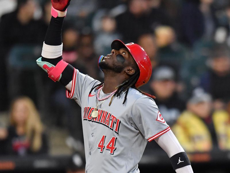 Apr 12, 2024; Chicago, Illinois, USA; Cincinnati Reds shortstop Elly De La Cruz (44) celebrates his three-run home run during the third inning against Chicago White Sox at Guaranteed Rate Field. Mandatory Credit: Patrick Gorski-USA TODAY Sports