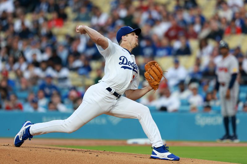 May 3, 2024; Los Angeles, California, USA;  Los Angeles Dodgers pitcher Gavin Stone (71) pitches in the first inning against the Atlanta Braves at Dodger Stadium. Mandatory Credit: Kiyoshi Mio-USA TODAY Sports