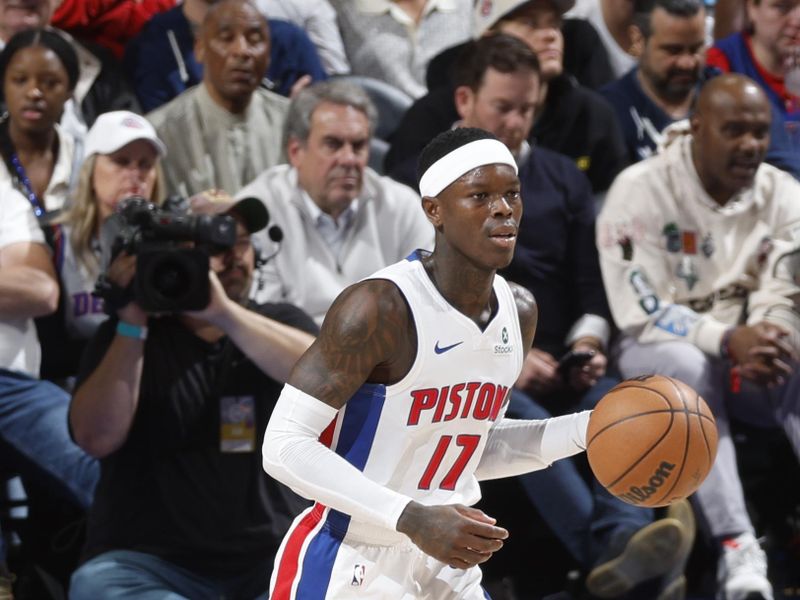 DETROIT, MI - MAY 1:  Dennis Schroder #17 of the Detroit Pistons dribbles the ball during the game against the New York Knicks  during Round 1 Game 6 on May 1, 2025 at Little Caesars Arena in Detroit, Michigan. NOTE TO USER: User expressly acknowledges and agrees that, by downloading and/or using this photograph, User is consenting to the terms and conditions of the Getty Images License Agreement. Mandatory Copyright Notice: Copyright 2025 NBAE (Photo by Brian Sevald/NBAE via Getty Images)