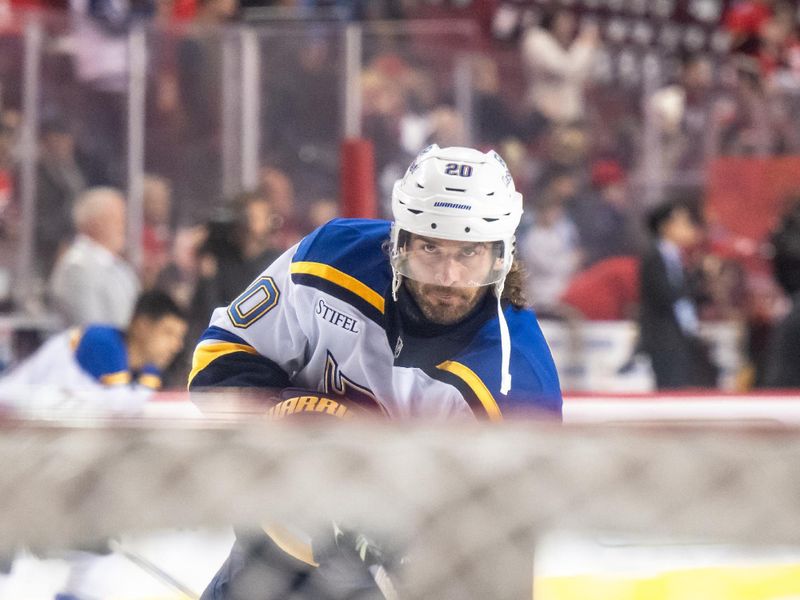 Dec 5, 2024; Calgary, Alberta, CAN; St. Louis Blues left wing Brandon Saad (20) warms up before a game against the Calgary Flames at Scotiabank Saddledome. Mandatory Credit: Brett Holmes-Imagn Images