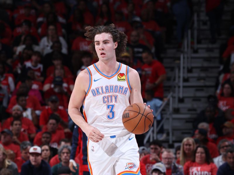 NEW ORLEANS, LA - APRIL 27:  Josh Giddey #3 of the Oklahoma City Thunder handles the ball during the game against the New Orleans Pelicans during Round 1 Game 3 of the 2024 NBA Playoffs on April 27, 2024 at the Smoothie King Center in New Orleans, Louisiana. NOTE TO USER: User expressly acknowledges and agrees that, by downloading and or using this Photograph, user is consenting to the terms and conditions of the Getty Images License Agreement. Mandatory Copyright Notice: Copyright 2024 NBAE (Photo by Jeff Haynes/NBAE via Getty Images)