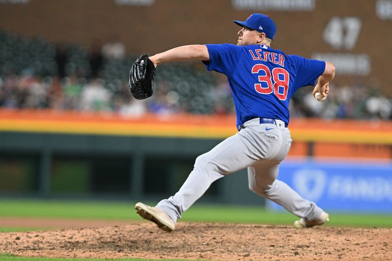 Aug 21, 2023; Detroit, Michigan, USA; Chicago Cubs relief pitcher Mark Leiter Jr. (38)  throws a pitch against the Detroit Tigers in the ninth inning at Comerica Park. Mandatory Credit: Lon Horwedel-USA TODAY Sports