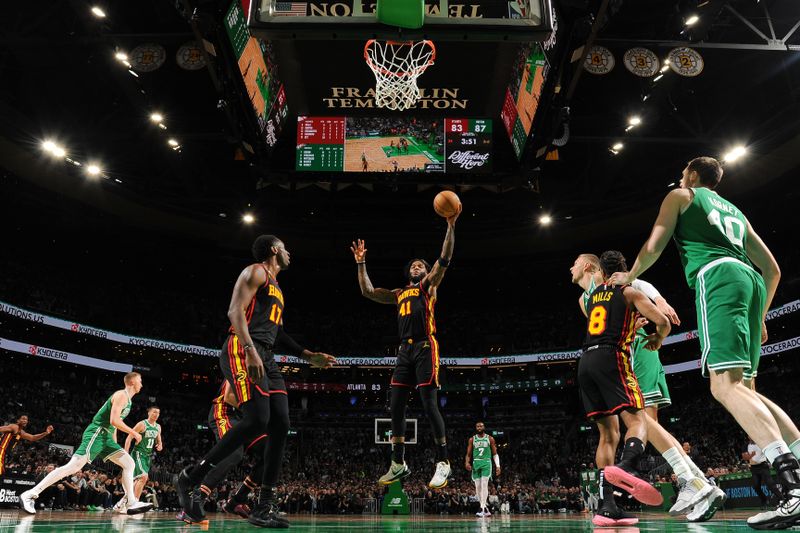 BOSTON, MA - FEBRUARY 7: Saddiq Bey #41 of the Atlanta Hawks drives to the basket during the game against the Boston Celtics on February 7, 2024 at the TD Garden in Boston, Massachusetts. NOTE TO USER: User expressly acknowledges and agrees that, by downloading and or using this photograph, User is consenting to the terms and conditions of the Getty Images License Agreement. Mandatory Copyright Notice: Copyright 2024 NBAE  (Photo by Brian Babineau/NBAE via Getty Images)