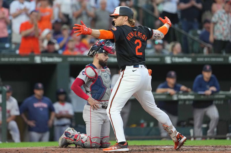 Aug 15, 2024; Baltimore, Maryland, USA; Baltimore Orioles  shortstop Gunnar Henderson (2) reacts following his two run home run in the fourth inning against the Boston Red Sox at Oriole Park at Camden Yards. Mandatory Credit: Mitch Stringer-USA TODAY Sports