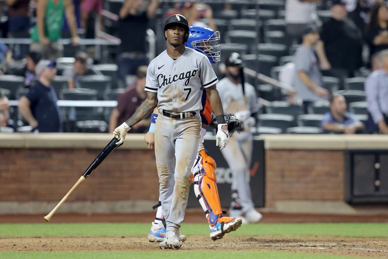 Jul 18, 2023; New York City, New York, USA; Chicago White Sox shortstop Tim Anderson (7) reacts after flying out to end the game against the New York Mets at Citi Field. Mandatory Credit: Brad Penner-USA TODAY Sports