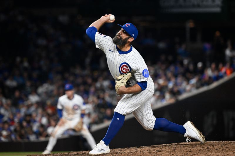 Aug 19, 2025; Chicago, Illinois, USA;  Chicago Cubs pitcher Andrew Kittredge (59) delivers against the Milwaukee Brewers during the ninth inning at Wrigley Field. Mandatory Credit: Matt Marton-Imagn Images