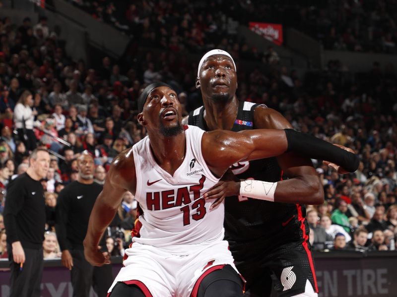 PORTLAND, OR - JANUARY 11:  Bam Adebayo #13 of the Miami Heat boxes out during the game against the Portland Trail Blazers on January 11, 2025 at the Moda Center Arena in Portland, Oregon. NOTE TO USER: User expressly acknowledges and agrees that, by downloading and or using this photograph, user is consenting to the terms and conditions of the Getty Images License Agreement. Mandatory Copyright Notice: Copyright 2025 NBAE (Photo by Cameron Browne/NBAE via Getty Images)