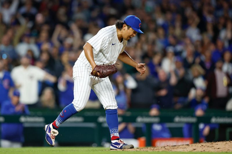 May 7, 2024; Chicago, Illinois, USA; Chicago Cubs starting pitcher Shota Imanaga (18) reacts after striking out San Diego Padres second baseman Xander Bogaerts during the sixth inning at Wrigley Field. Mandatory Credit: Kamil Krzaczynski-USA TODAY Sports