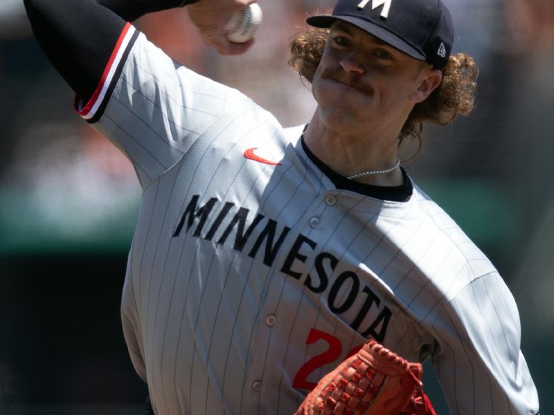 Jul 14, 2024; San Francisco, California, USA; Minnesota Twins starting pitcher Chris Paddack (20) delivers a pitch against the San Francisco Giants during the first inning at Oracle Park. Mandatory Credit: D. Ross Cameron-USA TODAY Sports
