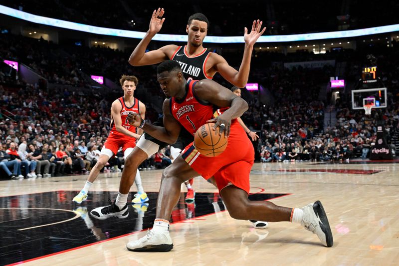 PORTLAND, OREGON - APRIL 09: Zion Williamson #1 of the New Orleans Pelicans dribbles against Kris Murray #8 of the Portland Trail Blazers during the fourth quarter of the game at the Moda Center on April 09, 2024 in Portland, Oregon. The New Orleans Pelicans won 110-100. NOTE TO USER: User expressly acknowledges and agrees that, by downloading and or using this photograph, User is consenting to the terms and conditions of the Getty Images License Agreement. (Photo by Alika Jenner/Getty Images)