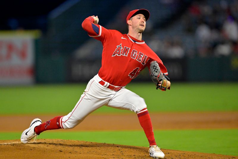 Sep 27, 2023; Anaheim, California, USA;  Los Angeles Angels starting pitcher Griffin Canning (47) throws to the plate in the third inning against the Texas Rangers at Angel Stadium. Mandatory Credit: Jayne Kamin-Oncea-USA TODAY Sports