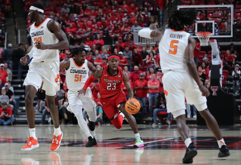 Mar 4, 2023; Lubbock, Texas, USA;  Texas Tech Red Raiders guard De   Vion Harmon (23) drives the ball against Oklahoma State Cowboys guard John-Michael Wright (51) and guard Caleb Asberry (5) in the first half at United Supermarkets Arena. Mandatory Credit: Michael C. Johnson-USA TODAY Sports