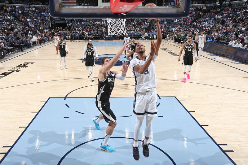 MEMPHIS, TN - FEBRUARY 15: Ziaire Williams #8 of the Memphis Grizzlies drives to the basket during the game against the Milwaukee Bucks on February 15, 2024 at FedExForum in Memphis, Tennessee. NOTE TO USER: User expressly acknowledges and agrees that, by downloading and or using this photograph, User is consenting to the terms and conditions of the Getty Images License Agreement. Mandatory Copyright Notice: Copyright 2024 NBAE (Photo by Stephen Gosling/NBAE via Getty Images)