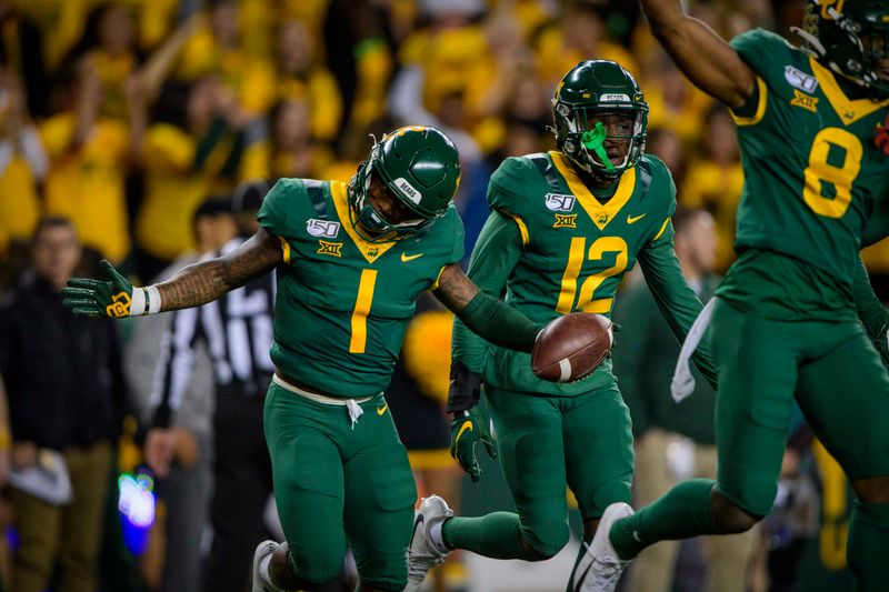 Nov 16, 2019; Waco, TX, USA; Baylor Bears cornerback Grayland Arnold (1) celebrates making an interception against the Oklahoma Sooners during the second quarter at McLane Stadium. Mandatory Credit: Jerome Miron-USA TODAY Sports