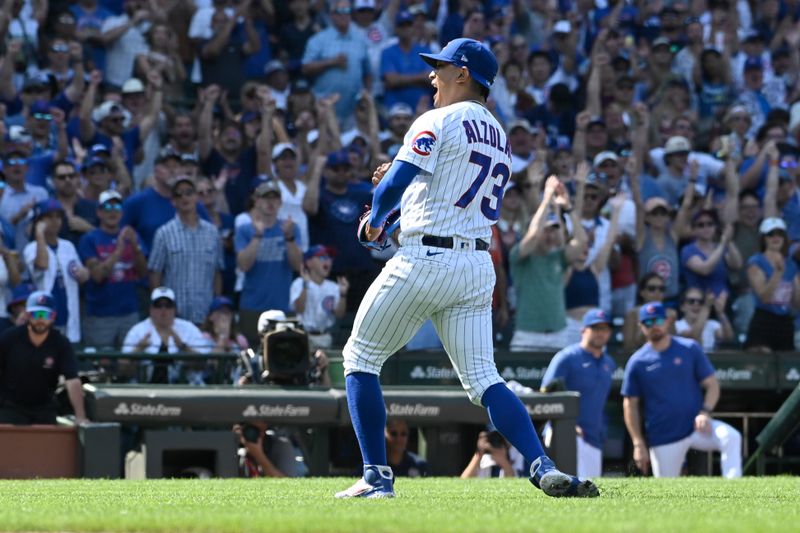 Aug 20, 2023; Chicago, Illinois, USA;  Chicago Cubs relief pitcher Adbert Alzolay (73) after the game against the Kansas City Royals at Wrigley Field. Mandatory Credit: Matt Marton-USA TODAY Sports