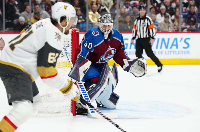 Jan 10, 2024; Denver, Colorado, USA; Colorado Avalanche goaltender Alexandar Georgiev (40) defends his net in the first period against the Vegas Golden Knights at Ball Arena. Mandatory Credit: Ron Chenoy-USA TODAY Sports