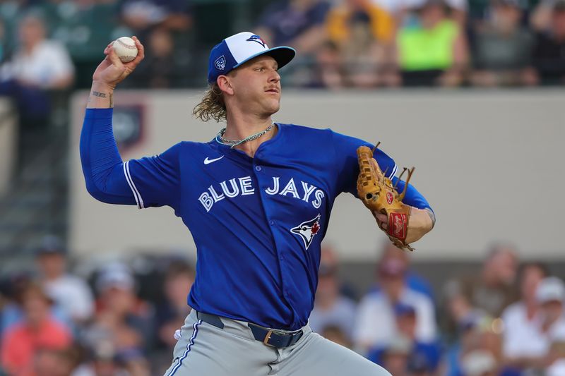 Mar 7, 2024; Lakeland, Florida, USA; Toronto Blue Jays relief pitcher Bowden Francis (44) pitches during the first inning against the Detroit Tigers at Publix Field at Joker Marchant Stadium. Mandatory Credit: Mike Watters-USA TODAY Sports