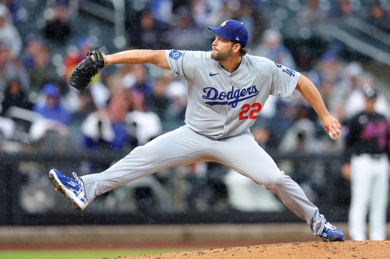 May 23, 2025; New York City, New York, USA; Los Angeles Dodgers starting pitcher Clayton Kershaw (22) pitches against the New York Mets during the first inning at Citi Field. Mandatory Credit: Brad Penner-Imagn Images