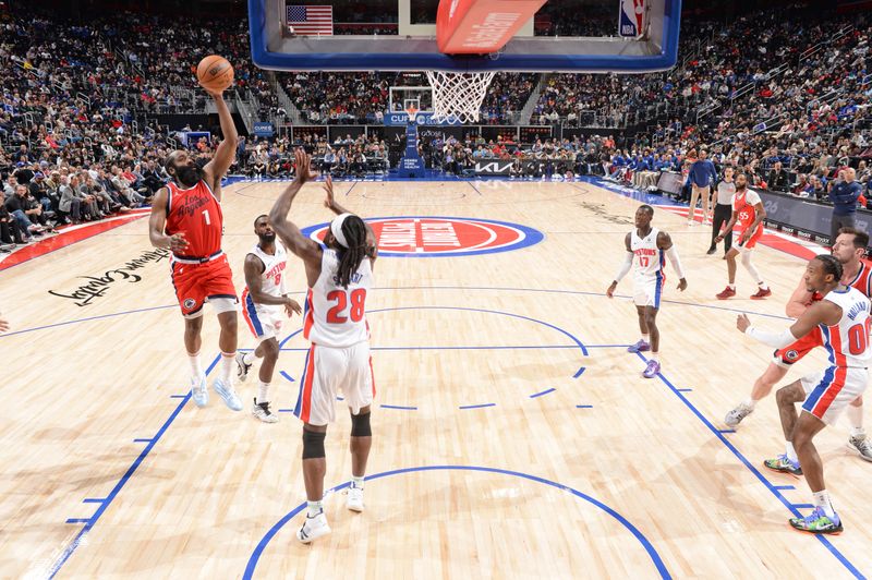 DETROIT, MI - FEBRUARY 24: James Harden #1 of the LA Clippers shoots the ball during the game against the Detroit Pistons on February 24, 2025 at Little Caesars Arena in Detroit, Michigan. NOTE TO USER: User expressly acknowledges and agrees that, by downloading and/or using this photograph, User is consenting to the terms and conditions of the Getty Images License Agreement. Mandatory Copyright Notice: Copyright 2025 NBAE (Photo by Chris Schwegler/NBAE via Getty Images)