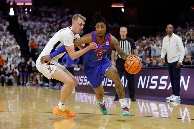 Jan 15, 2025; Charlottesville, Virginia, USA; Southern Methodist Mustangs guard B.J. Edwards (0) controls the ball as Virginia Cavaliers guard Andrew Rohde (4) defends during the first half at John Paul Jones Arena. Mandatory Credit: Amber Searls-Imagn Images