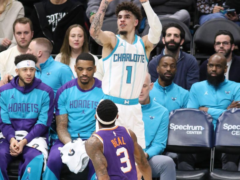 CHARLOTTE, NC - JANUARY 07: LaMelo Ball #1 of the Charlotte Hornets shoots the ball during the game against the Phoenix Suns on January 07, 2025 at Spectrum Center in Charlotte, North Carolina. NOTE TO USER: User expressly acknowledges and agrees that, by downloading and or using this photograph, User is consenting to the terms and conditions of the Getty Images License Agreement. Mandatory Copyright Notice: Copyright 2025 NBAE (Photo by Brock Williams-Smith/NBAE via Getty Images)