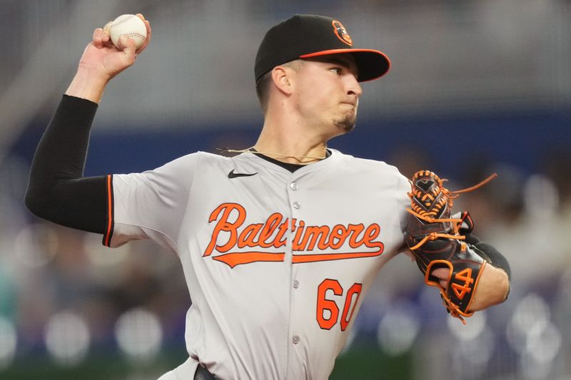 Jul 24, 2024; Miami, Florida, USA;  Baltimore Orioles starting pitcher Chayce McDermott (60) pitches against the Miami Marlins in the first inning at loanDepot Park. Mandatory Credit: Jim Rassol-USA TODAY Sports