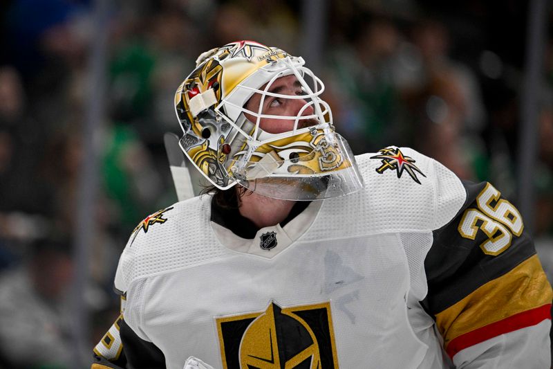 Dec 9, 2023; Dallas, Texas, USA; Vegas Golden Knights goaltender Logan Thompson (36) checks the replay screen during the second period against the Dallas Stars at the American Airlines Center. Mandatory Credit: Jerome Miron-USA TODAY Sports