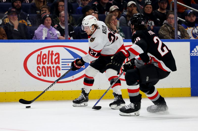 Jan 11, 2024; Buffalo, New York, USA;  Ottawa Senators left wing Parker Kelly (27) skates with the puck as Buffalo Sabres defenseman Owen Power (25) tries to defend during the second period at KeyBank Center. Mandatory Credit: Timothy T. Ludwig-USA TODAY Sports