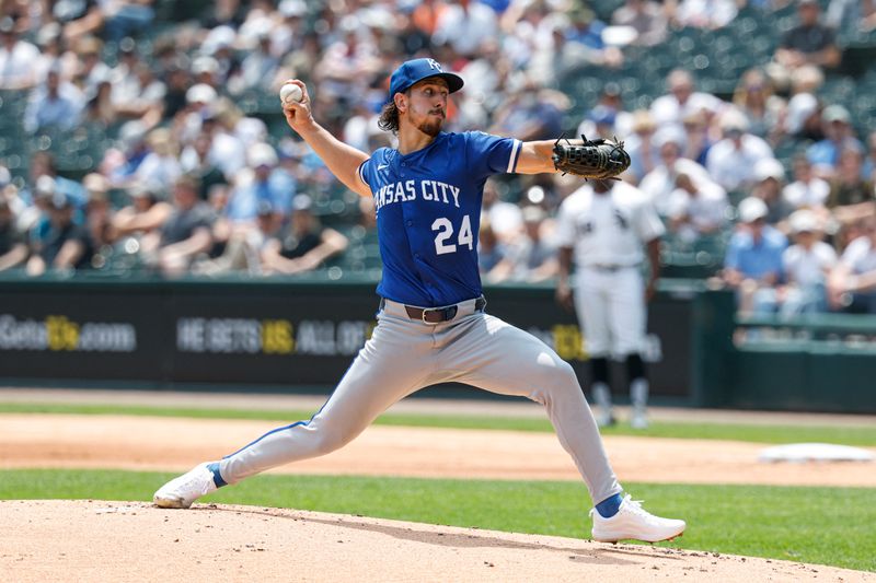 Jun 8, 2025; Chicago, Illinois, USA; Kansas City Royals starting pitcher Michael Lorenzen (24) delivers a pitch against the Chicago White Sox during the first inning at Rate Field. Mandatory Credit: Kamil Krzaczynski-Imagn Images