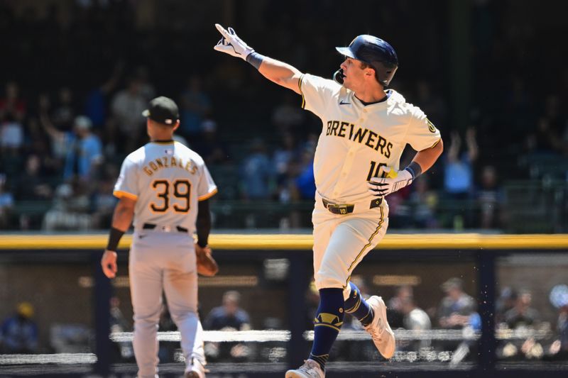 May 15, 2024; Milwaukee, Wisconsin, USA; Milwaukee Brewers right fielder Sal Frelick (10) reacts after hitting a solo home run in the fourth inning against the Pittsburgh Pirates at American Family Field. Mandatory Credit: Benny Sieu-USA TODAY Sports